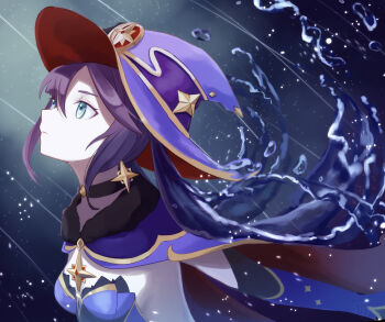 1girl aqua_eyes black_choker capelet choker commentary earrings fur-trimmed_capelet fur_trim genshin_impact hat highres jewelry leotard long_hair looking_to_the_side mona_(genshin_impact) profile purple_capelet purple_hair purple_hat purple_leotard solo star_(symbol) star_earrings strapless strapless_leotard twintails water water_drop witch_hat yukuse