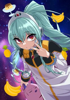1girl absurdres aqua_hair brown_eyes commentary_request commission dress drill_hair expressionless flat_chest food galaxy_angel gujira headset highres holding holding_stuffed_toy long_hair looking_at_viewer normad ponytail pudding sidelocks skeb_commission solo space stuffed_toy v vanilla_h