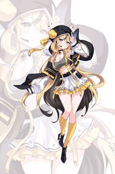 Rule 34 | 1girl, absurdres, black hair, black shoes, blonde hair, blue eyes, braid, breasts, character request, cleavage, closed mouth, collarbone, colored inner hair, commentary, commission, copyright request, highres, hood, kneehighs, long hair, long sleeves, minj kim, multicolored hair, shoes, skirt, socks, streaked hair, v, white skirt, yellow socks