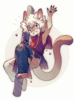 1boy animal_feet arm_up blonde_hair body_fur brown_fur cat_boy claws commentary digitigrade fuji_166 full_body furry furry_male green_eyes grin looking_at_viewer male_focus original short_hair smile solo tail