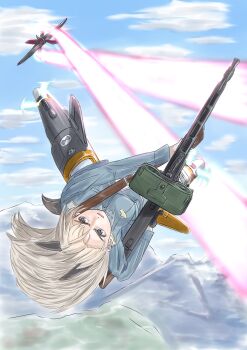 1girl animal_ears blonde_hair blue_jacket blue_sky breasts cloud commentary_request dog_ears dog_tail eila_ilmatar_juutilainen energy_beam flying gun jacket keyboardnoob long_hair machine_gun magazine_(weapon) medium_breasts military military_uniform neuroi pantyhose sky solo strike_witches striker_unit tail upside-down weapon white_pantyhose world_witches_series