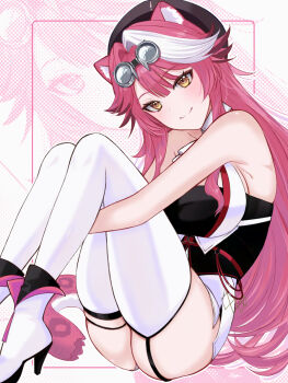 1girl animal_ears beret black_hat black_tube_top boots breasts closed_mouth commentary english_commentary garter_straps goggles goggles_on_head hat high_heel_boots high_heels highres hololive hololive_english knees_up large_breasts long_hair looking_at_viewer multicolored_hair oogi_illust panther_ears panther_girl panther_tail pink_hair raora_panthera raora_panthera_(1st_costume) single_garter_strap sitting smile strapless streaked_hair tail thighhighs tube_top vest virtual_youtuber white_boots white_streaks white_thighhighs white_unitard white_vest yellow_eyes zoom_layer