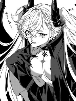 1girl bat_wings breasts chest_tattoo collar colored_extremities demon_horns earrings fate/grand_order fate_(series) greyscale highres horns iz_(izit_unk) jewelry large_breasts lilith_(fate) lilith_(second_ascension)_(fate) long_hair looking_at_viewer monochrome neck_tattoo single_earring smile solo tattoo twintails wings