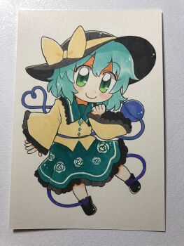Rule 34 | 1girl, bad id, bad twitter id, black boots, black hat, boots, bow, buttons, chibi, chibi only, closed mouth, collared shirt, commentary, diamond button, eyeball, floral print, frilled shirt collar, frilled sleeves, frills, full body, green eyes, green hair, green skirt, hat, hat bow, heart, heart of string, highres, komeiji koishi, long sleeves, looking at viewer, maa (forsythia1729), medium hair, photo (medium), print skirt, rose print, shirt, skirt, smile, solo, third eye, touhou, traditional media, wide sleeves, yellow bow, yellow shirt