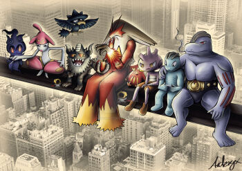 Rule 34 | archecopeteryx, belt, building, cigarette, city, claws, closed eyes, closed mouth, commentary, darumaka, deviantart logo, deviantart username, english commentary, fire, flying, food, fruit, gen 1 pokemon, gen 2 pokemon, gen 3 pokemon, gen 5 pokemon, gen 7 pokemon, gen 8 pokemon, hand on another's shoulder, holding, holding cigarette, holding food, holding fruit, horns, legendary pokemon, lunch atop a skyscraper (photograph), machoke, machop, marshadow, medicham, meltan, murkrow, muscular, mythical pokemon, nintendo, nut (hardware), open mouth, parody, perrserker, photo background, pokemon, pokemon (creature), pokemon focus, red eyes, sharp teeth, signature, sitting, skyscraper, smile, smoke, steel beam, teeth, tyrogue, watermark, web address, yellow eyes