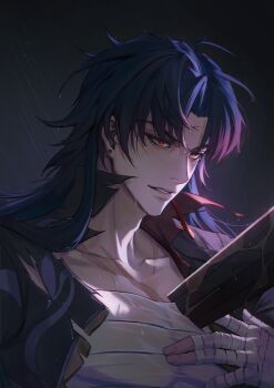 1boy bandaged_chest bandaged_hand bandages bh495 black_jacket blade_(honkai:_star_rail) collarbone commentary earrings gradient_hair hand_on_own_chest hashtag-only_commentary highres honkai:_star_rail honkai_(series) impaled jacket jewelry long_hair lower_eyelashes_only male_focus mismatched_earrings multicolored_hair parted_hair parted_lips piercing popped_collar portrait rain red_eyes solo teeth torn_clothes weapon wet wet_hair