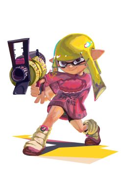 .52_gal_(splatoon) blonde_hair full_body glasses grey_eyes highres inkling inkling_girl inkling_player_character ka_pus leg_warmers legs_apart nintendo pink_sweater pointy_ears simple_background splatoon_(series) splatoon_3 standing sweater tagme white_background white_leg_warmers