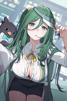 1girl absurdres bags_under_eyes black_pantyhose black_skirt bottle breasts cleavage collared_shirt commentary convenience_store counter dutch_angle green_eyes green_hair hair_between_eyes hair_in_own_mouth hair_ribbon hellk111 highres holding holding_bottle large_breasts long_hair long_sleeves looking_at_viewer loose_hair_strand messy_hair mole mole_under_eye mole_under_mouth narrowed_eyes neck_ribbon one_side_up outstretched_arm pantyhose partially_unbuttoned pencil_skirt plastic_bottle popped_button portia_(stella_sora) pov ribbon sherlock_(stella_sora) shirt shop side_slit skirt solo stella_sora stuffed_animal stuffed_penguin stuffed_toy symbol-only_commentary very_long_hair visor_cap wardrobe_malfunction white_shirt yellow_ribbon