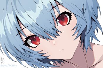 1girl absurdres artist_name ayanami_rei bare_shoulders blue_hair close-up collarbone commentary_request dot_nose dutch_angle dutch_text english_text expressionless eyelashes flos_(pixiv_85077965) from_above gift_art hair_between_eyes happy_birthday highres light_frown looking_at_viewer makeup mascara neon_genesis_evangelion no_shirt nude profile red_eyes short_hair sidelocks solo transparent_background