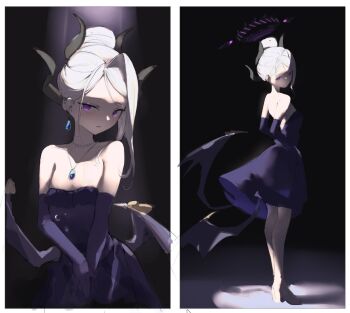 1girl blue_archive breasts demon_girl demon_horns demon_wings dress earrings elbow_gloves full_body gloves halo hina_(blue_archive) hina_(dress)_(blue_archive) horns jewelry long_hair looking_at_viewer low_wings necklace pendant purple_dress purple_eyes purple_gloves small_breasts standing vam_(js_vam) white_hair wings