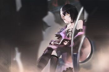 1girl absurdres asymmetrical_legwear belt black_belt black_coat black_dress black_hair black_nails black_thighhighs book breasts chest_belt closed_mouth coat commentary dress english_commentary feet_out_of_frame fingernails fishnet_socks fishnets fur-trimmed_coat fur_trim grey_hair highres holding holding_book hololive hololive_english kurochanai large_breasts long_sleeves looking_down mismatched_legwear multicolored_hair nail_polish open_book open_clothes open_coat puffy_long_sleeves puffy_sleeves reading shiori_novella shiori_novella_(1st_costume) single_sock single_thighhigh sitting socks solo_focus split-color_hair striped_clothes striped_thighhighs thighhighs train_interior two-tone_hair uneven_legwear virtual_youtuber yellow_eyes