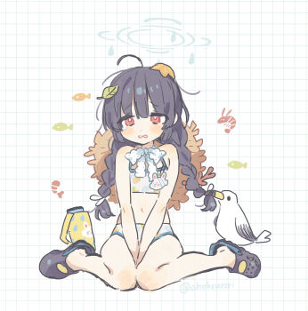 1girl ahoge between_legs bikini bird black_hair blue_archive blush braid commentary_request crocs grid_background halo hand_between_legs highres leaf leaf_on_head loli long_hair miyu_(blue_archive) miyu_(swimsuit)_(blue_archive) official_alternate_costume official_alternate_hairstyle oimo_(14sainobba) red_eyes seagull sitting solo swimsuit tearing_up twin_braids white_background white_bikini