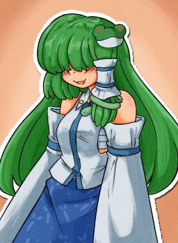 1girl :d absurdres bare_shoulders blue_skirt blush breasts chest_sarashi collared_shirt commentary covered_eyes detached_sleeves english_commentary frog_hair_ornament green_hair hair_intakes hair_ornament hair_tubes highres kochiya_sanae long_hair long_sleeves mcsquiddies medium_breasts open_mouth orange_background patterned_clothing print_skirt sarashi shirt simple_background single_hair_tube single_sidelock skirt skirt_set sleeve_ribbon sleeveless sleeveless_shirt smile snake_hair_ornament solo touhou upper_body wide_sleeves