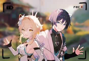 1boy 1girl absurdres anemo_symbol_(genshin_impact) bare_shoulders battery_indicator black_bodysuit black_bridal_gauntlets black_corset black_gloves black_hair blonde_hair blue_cape blue_eyes blue_kimono blue_sleeves blunt_ends blurry blurry_background bodysuit breasts bridal_gauntlets bunny_ears_prank cape choppy_bangs colored_inner_hair commentary corset detached_sleeves drawn_ears dress english_commentary eyelashes eyeliner feather_hair_ornament feathers flower gem genshin_impact gloves gold gold_ring grey_gem grey_hair grin hair_flower hair_intakes hair_ornament hand_up highres japanese_clothes juban kimono layered_sleeves looking_at_viewer lumine_(genshin_impact) makeup mandarin_collar medium_breasts middle_ring multicolored_hair open_clothes open_hand open_kimono open_mouth partially_fingerless_gloves pom_pom_(clothes) purikura purple_hair red_eyeliner scaramouche_(genshin_impact) scarf short_hair short_hair_with_long_locks short_sleeves shoulder_peek sideboob sidelighting sidelocks smile streaked_hair tsurime twitter_username viewfinder vision_(genshin_impact) wanderer_(genshin_impact) whisper_(suisuibingtang) white_dress white_feathers white_flower white_kimono white_scarf white_sleeves white_trim yellow_eyes