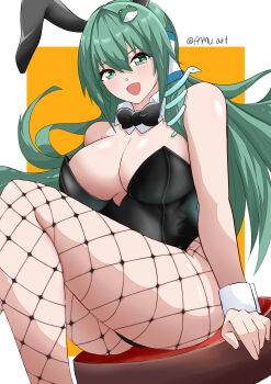 1girl absurdres animal_ears bare_shoulders black_leotard blush breasts chair cleavage commentary fake_animal_ears fishnet_pantyhose fishnets frog_hair_ornament green_eyes green_hair hair_ornament hair_tubes highres kochiya_sanae large_breasts leotard long_hair looking_at_viewer open_mouth pamu_art pantyhose playboy_bunny rabbit_ears single_hair_tube sitting smile snake_hair_ornament strapless strapless_leotard touhou white_background wrist_cuffs yellow_background