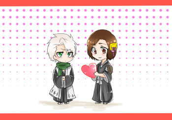 Rule 34 | 1046sstep btoh, 1boy, 1girl, armband, black hakama, bleach, bleach: sennen kessen-hen, brown eyes, brown hair, chibi, commentary request, green eyes, grey hair, hakama, halftone, halftone background, hands in opposite sleeves, haori, heart, hinamori momo, hitsugaya toushirou, holding, holding heart, japanese clothes, sandals, shihakusho, smile, socks, taichou haori, white socks