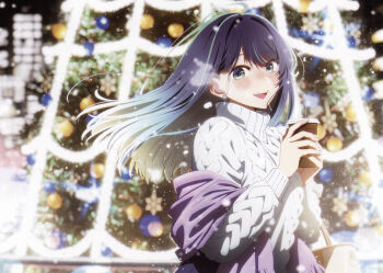 1girl absurdres anime_coloring aqua_eyes aqua_nails aran_sweater black_hair blue_eyes blue_hair blurry blurry_background blush breath cable_knit christmas christmas_ornaments christmas_tree cup disposable_coffee_cup disposable_cup earrings eyelashes floating_hair fringe_trim gradient_hair hands_up happy highres hirayama_kanna holding holding_cup jewelry kurokawa_akane long_hair long_sleeves looking_at_viewer multicolored_hair nail_polish night non-web_source nose_blush official_art open_mouth oshi_no_ko outdoors purple_scarf ribbed_sweater scan scarf self-scan smile snowflake_earrings snowing solo steam straight_hair sweater swept_bangs teeth turtleneck turtleneck_sweater upper_body upper_teeth_only white_sweater winter