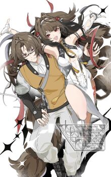 1boy 1girl animal_ears brother_and_sister brown_hair china_dress chinese_clothes commentary_request dress glasses hair_intakes highres horse_boy horse_ears horse_girl horse_tail leg_tattoo long_hair open_mouth pants pelvic_curtain red_eyes siblings simple_background sleeveless sleeveless_dress tail tattoo to_te_na vest watermark white_background white_dress white_pants ye_shiyuan ye_shunguang yellow_vest zenless_zone_zero