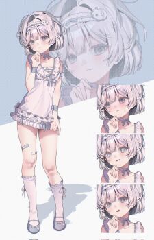 Rule 34 | 0 o s k, 1girl, bandaid, bandaid on leg, bare shoulders, bow, bow choker, choker, closed mouth, collarbone, commentary, commission, corrupted twitter file, dress, full body, grey eyes, grey shoes, hair intakes, hairband, hand up, highres, kneehighs, looking at viewer, multiple expressions, multiple views, open mouth, original, parted lips, pink dress, pink hair, pink socks, shoes, short dress, short hair, sleeveless, sleeveless dress, socks, standing, white hairband, zoom layer