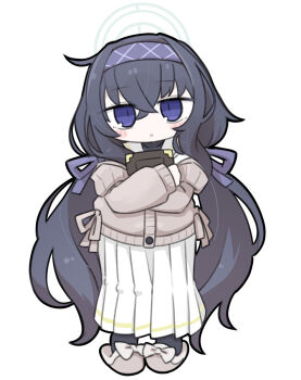 Rule 34 | 1girl, :o, black hair, black pantyhose, blue archive, blue hairband, blush stickers, book, bow, brown bow, brown cardigan, brown sandals, cardigan, chibi, commentary request, full body, hair between eyes, hair ribbon, hairband, halo, highres, hugging object, long hair, looking at viewer, low twintails, miranofuudoria, off shoulder, pantyhose, parted lips, pleated skirt, purple eyes, purple ribbon, ribbon, sailor collar, sandals, school uniform, serafuku, shirt, simple background, skirt, solo, standing, twintails, ui (blue archive), very long hair, white background, white sailor collar, white serafuku, white shirt, white skirt