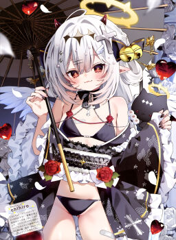 Rule 34 | 1girl, absurdres, ahoge, armpit crease, artist name, bandaid, bandaid on chest, bandaid on thigh, bell, bikini, black bikini, black bow, black bowtie, black cat, black kimono, black nails, blush, bow, bowtie, breasts, cat, center-flap bangs, chihiro (khorosho), cowboy shot, cross, cross-shaped pupils, cross hair ornament, dengeki moeoh, double-parted bangs, falling feathers, feathered wings, feathers, fingernails, flower, frilled kimono, frills, groin, hair between eyes, hair bow, hair ornament, hair rings, hairpin, halo, hands up, heart, highres, holding, holding umbrella, horns, japanese clothes, jingle bell, kimono, kimono partially removed, latin cross, lolita fashion, long fingernails, long hair, looking at viewer, magazine scan, oil-paper umbrella, original, pointy ears, raised eyebrows, red eyes, red flower, red horns, red rose, rose, scan, short kimono, silver hair-chan (chihiro), single hair ring, small breasts, smirk, solo, swimsuit, symbol-shaped pupils, third-party source, translation request, umbrella, wa lolita, white feathers, white hair, white wings, wing hair ornament, wings, yellow halo