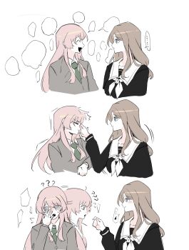 Rule 34 | ..., 2girls, bang dream!, bang dream! it's mygo!!!!!, black shirt, brown hair, chihaya anon, green necktie, grey jacket, haneoka school uniform, highres, jacket, long hair, multiple girls, nagasaki soyo, necktie, pinching another's nose, pink hair, school uniform, shirt, sidelocks, simple background, spoken ellipsis, tin g, tsukinomori school uniform, upper body, white background