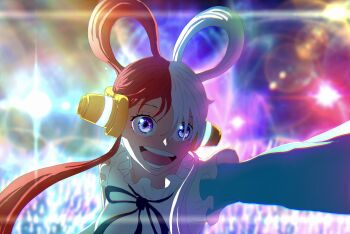 Rule 34 | 1girl, abjsmi, absurdres, black ribbon, blue gloves, commentary request, dress, elbow gloves, gloves, hair over one eye, headphones, highres, neck ribbon, one piece, one piece film: red, open mouth, red hair, ribbon, single elbow glove, sleeveless, sleeveless dress, smile, solo, spotlight, twintails, uta (one piece), white dress, white hair