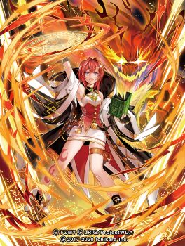 1girl ange_katrina arm_up black_gloves blue_eyes book copyright_notice corset dress fingerless_gloves fire gloves holding holding_book jacket looking_at_viewer magic_circle medium_hair moreshan nijisanji official_art red_corset red_hair smile solo thigh_strap virtual_youtuber white_dress white_jacket wixoss