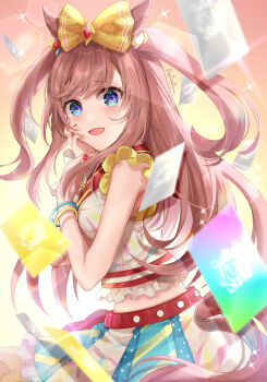 1girl absurdres agnes_digital_(full-color_fangirling)_(umamusume) agnes_digital_(umamusume) animal_ears asaya-bigun beads belt blue_eyes blush bow bracelet breasts card commentary_request hair_bow hand_on_own_face highres horse_ears horse_girl horse_tail jewelry long_hair looking_at_viewer midriff multicolored_nails multicolored_skirt open_mouth pink_hair red_belt single_wrist_cuff skirt sleeveless smile solo tail two_side_up umamusume wrist_cuffs yellow_bow