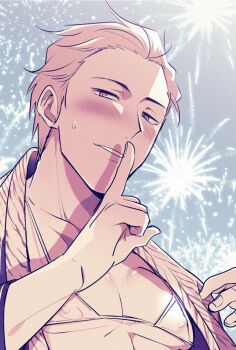 1boy bikini blush collarbone covered_erect_nipples finger_to_mouth fireworks hainoki_noki idolmaster idolmaster_side-m kuzunoha_amehiko limited_palette looking_at_viewer male_focus micro_bikini official_alternate_costume open_clothes parted_lips seductive_smile self_exposure shushing smile solo swimsuit upper_body