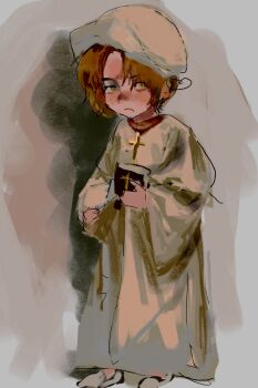1boy altar_server axis_powers_hetalia bible_(object) blush cross green_eyes highres ketanuii latin_cross male_focus orange_hair robe shota thick_eyebrows united_kingdom_(hetalia) white_robe