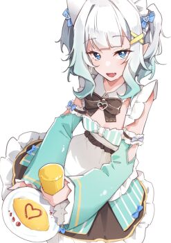 1girl absurdres airenif apron aqua_dress aqua_hair aqua_sleeves black_skirt blue_eyes bottle collar densetsu.exe detached_collar detached_sleeves dress fang food hair_ornament highres holding holding_bottle ketchup_bottle looking_at_viewer maid_apron maid_headdress medium_hair mint_fantome mint_fantome_(minto_2.0) omelet omurice open_mouth skin_fang skirt smile solo two_side_up white_apron white_collar white_headdress x_hair_ornament