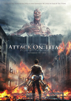 1boy 3d back burning burning_building city colossal_titan copyright_name dated day english_text epic eren_yeager fire from_behind giant giant_monster highres kaiju male_focus military military_uniform monster movie_poster_(medium) open_mouth outdoors photorealistic plant poster_(medium) realistic shingeki_no_kyojin smoke standing steam tajima_kouji teeth three-dimensional_maneuver_gear titan_(shingeki_no_kyojin) wall