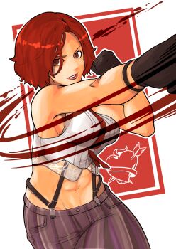 1girl breasts female_focus formal_clothes heart huge_breasts large_breasts pale_skin red_eyes red_hair rocohisaya see-through_clothes see-through_shirt shirt short_hair the_king_of_fighters thick_thighs thighs toned toned_female transparent vanessa_(kof) white_shirt