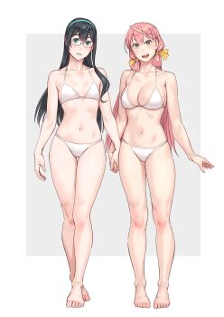 2girls akashi_(kancolle) alternate_costume barefoot bikini black_hair breasts cleavage commentary_request full_body green_eyes green_hairband hairband highres kantai_collection looking_at_viewer medium_breasts multiple_girls navel ooyodo_(kancolle) open_mouth pink_hair simple_background small_breasts smile swimsuit teeth white_background white_bikini yellow_eyes yuuji_(and)