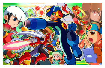 1girl 6+boys absurdres arm_blade arm_cannon armor artist_request battle_chip black_bodysuit black_hair blonde_hair blue_bodysuit blue_helmet bodysuit border brown_hair colorman.exe energy_sword eugene_chaud_(mega_man) glide.exe_(mega_man) green_background gutsman.exe helmet highres iceman.exe lan_hikari_(mega_man) long_hair male_focus mega_man_(series) mega_man_battle_network_(series) mega_man_battle_network_1 multicolored_hair multiple_boys netnavi numberman.exe official_art pink_helmet red_armor red_helmet red_vest roll.exe_(mega_man) second-party_source short_hair sword two-tone_hair vest weapon white_border white_hair woodman.exe