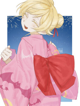 10_fu 1girl blonde_hair closed_eyes double_bun facing_viewer fireworks hair_bun highres japanese_clothes kimono monogatari_(series) open_mouth oshino_shinobu pink_kimono smile solo