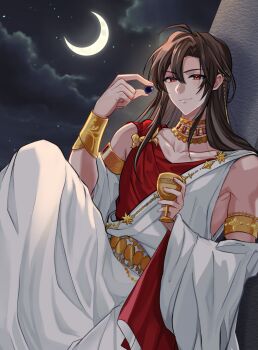 1boy ahoge alternate_costume ancient_greek_clothes armlet aslle asymmetrical_clothes bare_shoulders belt black_hair bracelet brown_hair chain chalice closed_mouth cloud collarbone commentary_request crescent_moon cup earrings food fruit gold_armlet gold_belt gold_bracelet gold_chain gold_necklace grapes greco-roman_clothes hair_down hair_ornament half_updo highres holding holding_cup holding_food holding_fruit jewelry knees_up long_hair looking_at_viewer male_focus modao_zushi moon neck_ring necklace night official_alternate_hairstyle piercing red_eyes red_shirt robe shirt sidelocks sitting sky sleeveless_robe smile solo star_(sky) starry_sky wei_wuxian wei_wuxian_(yiling_laozu) white_robe
