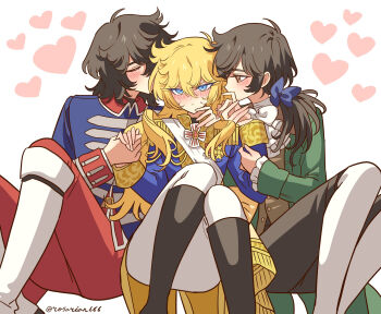 1girl 2boys andre_grandier black_shoes blonde_hair blue_eyes blue_jacket blush boots brown_eyes brown_hair brown_vest closed_mouth embarrassed green_jacket heart highres holding_hands jacket long_hair long_sleeves meremero multiple_boys open_clothes open_jacket oscar_francois_de_jarjayes pants red_pants shoes sweatdrop twitter_username versailles_no_bara vest white_pants