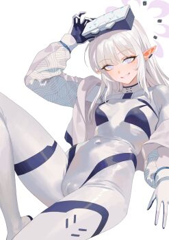 1girl blue_archive bodysuit breasts halo hashtag-only_commentary highres himari_(armed)_(blue_archive) himari_(blue_archive) hongcasso long_hair looking_at_viewer multicolored_halo official_alternate_costume pointy_ears simple_background skin_tight small_breasts smile solo two-tone_halo very_long_hair visor_(armor) visor_lift white_background white_bodysuit white_hair