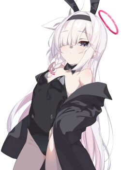 alternate_costume animal_ears black_hairband black_jacket black_leotard blue_archive braid closed_mouth colored_inner_hair commentary commentary_request flat_chest grey_eyes grey_hair hair_over_one_eye hairband halo jacket leotard long_hair looking_at_viewer monyosato multicolored_hair pink_hair plana_(blue_archive) playboy_bunny rabbit_ears red_halo red_pupils simple_background single_braid two-tone_hair white_background