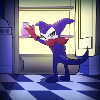 1boy demon demon_boy demon_tail derivative_work digimon disneymonredraw_(meme) expressionless gloves imp impmon kitchen lilo_&amp;_stitch looking_at_viewer looking_back meme neotamine night no_humans parody red_gloves screenshot_redraw solo standing surprised tail twitter_username
