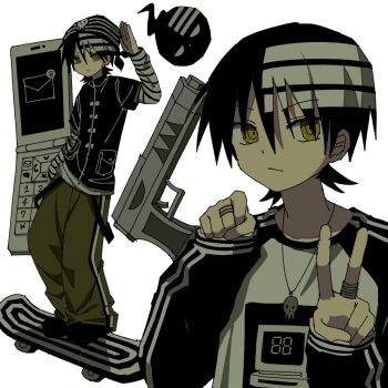 1boy 2024 bandana belt black_hair clenched_hand computer death_the_kid gun highres jewelry long_shirt long_sleeves loose_belt necklace number_print pants phone pocket poopoopoppopoo raglan_sleeves salute shirt simple_background skateboard soul_eater untucked_shirt v waving weapon white_hair yellow_eyes yellow_pants