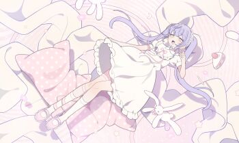 1girl :d bonnet bow bowtie cake cake_slice dress flower food frilled_bonnet frilled_dress frills from_above fruit full_body hair_between_eyes hand_up highres kneehighs kotoruri long_legs lying mary_janes medium_dress on_back open_mouth original pencil pillow pink_background pink_bow pink_bowtie pink_eyes pink_flower pink_shoes puffy_short_sleeves puffy_sleeves purple_hair shadow shoes short_sleeves simple_background smile socks solo star_(symbol) strawberry strawberry_cake stuffed_animal stuffed_rabbit stuffed_toy thigh_strap tongue twintails white_bonnet white_bow white_dress white_socks