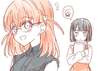 2girls ? alt_text apron black_hair black_shirt blunt_bangs blunt_ends blush bob_cut cerise_bouquet closed_mouth commentary_request crossed_bangs dress flower flower_knot frilled_shirt frills gamers_(store) glasses hair_flower hair_ornament hasu_no_sora_school_uniform hinoshita_kaho hinoshita_kaho_(ishikawa_prefectural_library) holding light_frown link!_like!_love_live! long_sleeves looking_at_another love_live! medium_hair momose_ginko multiple_girls nogreen open_mouth orange_apron partially_colored rabbit_hair_ornament sailor_dress school_uniform shirt short_hair simple_background sleeveless sleeveless_shirt smile split_mouth spoken_squiggle squiggle story_in_commentary two_side_up virtual_youtuber white_background winter_uniform