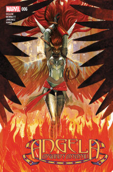 1girl angela_(marvel) armor arms_up artist_name black_gloves breastplate character_name closed_eyes comic_cover company_name copyright_logo copyright_name cover cover_page facepaint feathered_wings fire floating_hair full_body gloves greaves grey_armor logo long_hair marvel official_alternate_costume official_art red_hair red_sash sash solo stephanie_hans thor_(marvel)_(series) vambraces winged_headwear wings