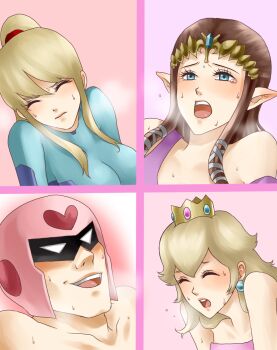 1boy 3girls alternate_color blonde_hair blue_eyes brown_hair captain_falcon close-up crown earrings f-zero happy heavy_breathing helmet highres jewelry long_hair manly mario_(series) metroid multiple_girls nintendo odd_one_out open_mouth pointy_ears ponytail princess_peach princess_zelda samus_aran sexually_suggestive smile super_smash_bros. sweat tears the_legend_of_zelda the_legend_of_zelda:_twilight_princess wasabi_(legemd) zero_suit