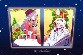 2girls bed black_hairband blush box christmas christmas_tree closed_eyes commentary dress electronduck english_commentary firefly_(honkai:_star_rail) fur-trimmed_sleeves fur_trim gift gift_box grey_hair hair_between_eyes hairband hat highres holding holding_gift honkai:_star_rail honkai_(series) hospital_bed long_hair merry_christmas multiple_girls open_mouth red_dress santa_costume santa_hat smile stelle_(honkai:_star_rail) trailblazer_(honkai:_star_rail)