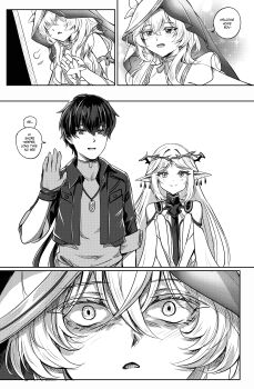 1boy 2girls absurdres bare_shoulders cartethyia_(wuthering_waves) commentary crown_of_thorns earrings english_commentary flareza greyscale hair_between_eyes highres jacket jealous jewelry light_blush long_hair male_rover_(wuthering_waves) monochrome multiple_earrings multiple_girls open_clothes open_jacket parted_bangs pointy_ears rover_(wuthering_waves) shorekeeper_(wuthering_waves) sidelocks smile surprised tacet_mark_(wuthering_waves) veil waving wuthering_waves