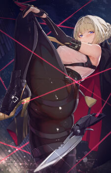 1girl absurdres ass bare_shoulders black_gloves black_jacket black_pants blonde_hair blush breasts cameltoe chest_harness closed_mouth commentary_request covered_erect_nipples elbow_gloves evelyn_chevalier gloves hair_bun half_gloves harness high-waist_pants high_heels highres jacket jacket_on_shoulders knife large_breasts leg_up looking_at_viewer necktie paid_reward_available pants purple_eyes ring_hair_ornament shirt short_hair single_elbow_glove single_half_glove sleeveless solo split standing standing_on_one_leg standing_split thighs tight_clothes tight_pants ura_illust white_shirt wire yellow_necktie zenless_zone_zero